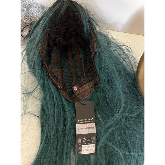 Long Ombre Straight Free Parting Synthetic Wig Two Tone Mix teal Green black NWT - Picture 6 of 12